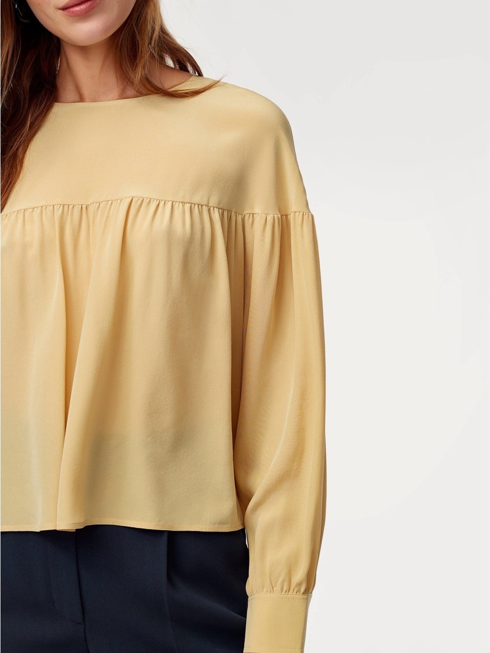 100% Silk Women's Pleated Yoke Long-Sleeve Top — Butter Yellow